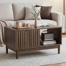 80cm Coffee Table, Mid-Century Modern Style, Living Room Side Table, Grid Structure With One Drawer, Open Shelves And Solid Wood Legs, Walnut Color. - 胡桃木色 - 查看 1