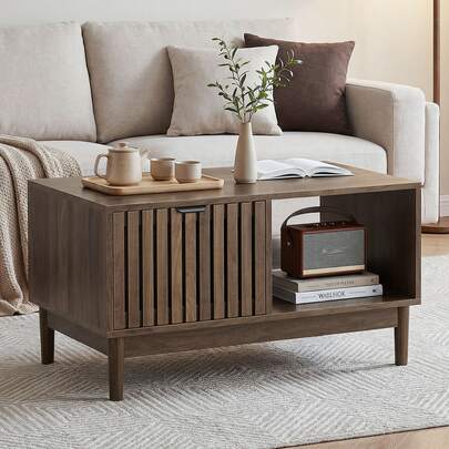 80cm Coffee Table, Mid-Century Modern Style, Living Room Side Table, Grid Structure With One Drawer, Open Shelves And Solid Wood Legs, Walnut Color.