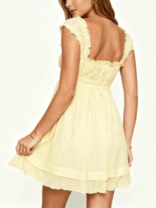 Cute  Casual    Lace    Backless  Ruffle    Y2k Summer Babydoll Dress  Beach  Travel  Daily  Dating  Vacation    Summer Sundress - 黃色 - 查看 3