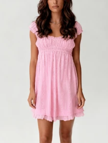 Cute  Casual    Lace    Backless  Ruffle    Y2k Summer Babydoll Dress  Beach  Travel  Daily  Dating  Vacation    Summer Sundress - 粉色 - 查看 2