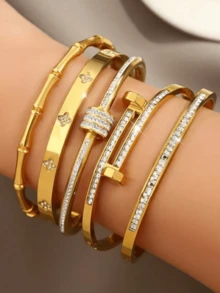 5件套奢华金色不锈钢腰带吊坠套装，时尚夏季饰品，适合女性日常佩戴和馈赠 - 金色3 - 查看 3