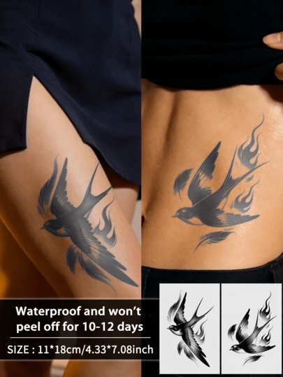 2Pcs Tattoo Fake Swallow Temporary Tattoos Realism Semi Permanent Waterproof Sweatproof Last For 1-2 Weeks Realistic Herbal Juice Anti-Friction Non-Reflective Black For Woman And Men Tattoo Stickers For Arm, Chest, Leg, Abdomen, Waist, Finger, Neck, Spine, Modernist Body Art