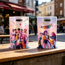 10 pièces Sacs cadeaux pour fans de K-Pop, sacs à bonbons en plastique avec poignées, sacs cadeaux avec imprimé de notes de musique colorées pour anniversaire, fête à thème, fournitures de fête pour enfants (styles aléatoires) - Multicolore - Voir 4