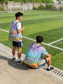 Ombre Rainbow/Green Mesh Drawstring Backpack, Summer Breathable Beach Bag, Large Capacity Lightweight Gym Swim Drawstring Bag, Dual Use As Backpack & Drawstring Bag, Suitable For Sports, Beach, Commuting, Student Travel, Unisex - Multicolor - View 8