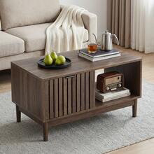 80cm Coffee Table, Mid-Century Modern Style, Living Room Side Table, Grid Structure With One Drawer, Open Shelves And Solid Wood Legs, Walnut Color. - 胡桃木色 - 查看 2