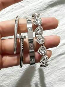 Bộ 3 món/set/ 1 chiếc vòng tay hình trái tim bằng thép không gỉ mạ vàng 18K kèm hạt thủy tinh hợp kim 18cm, trang sức thời trang phù hợp cho nữ đeo hàng ngày và làm quà tặng. - Bạc - Xem 6