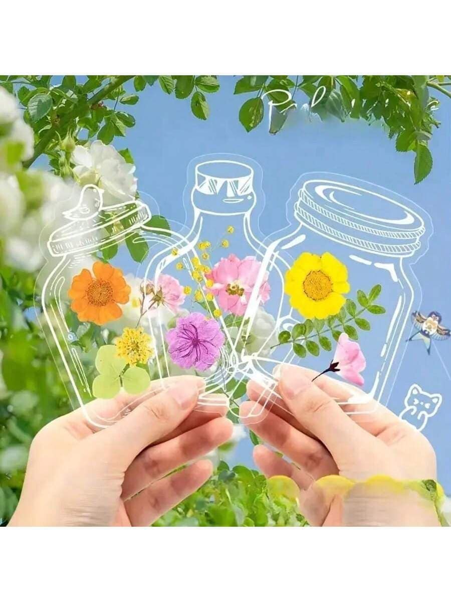 100片/80片/60片/40片/20片装青春花瓣干花透明书签，手工花朵书签，DIY书签，创意干花贴纸透明书签，留住回忆，印记春、夏、秋 - 彩色 - 查看 1