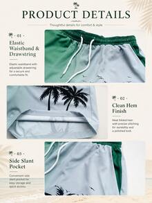 Men's Summer Quick-Dry Single-Layer Unlined Beach Shorts, Holiday Casual Outdoor Coconut Tree Gradient 3D Digital Print Pattern, Fashionable Casual Daily Elastic Drawstring Waist Shorts - Green - View 6