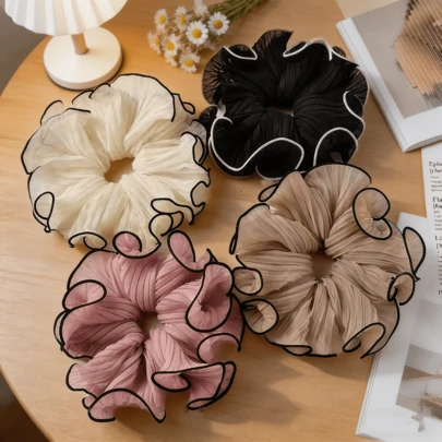 Korean Ruffled Wave Edge, Super Fairy Elegant Style Premium Chiffon Fabric, Oversized Full Scrunchie High Elastic No Damage, All-Match Daily Hair Ties