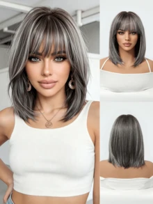 Peluca bob gris con flequillo, peluca de cabello corto y liso resistente al calor sintético para mujeres, aspecto natural para uso diario, fiesta y cosplay - Gris Oscuro - Ver 3