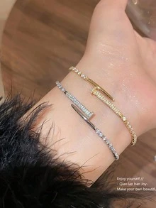 1 chiếc vòng tay đính đá Zirconia, trang sức đeo tay đơn giản, cao cấp, hình học, có thể điều chỉnh kích thước, phù hợp với người đi làm. - Vòng tay đinh - Xem 2