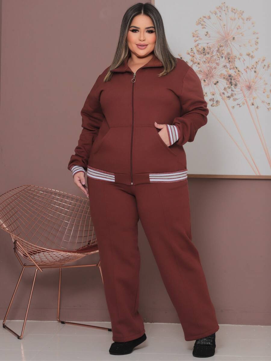 Plus Size Tracksuit Set With Lace Detail, Women's Winter Fashion. - Rust Brown - View 1