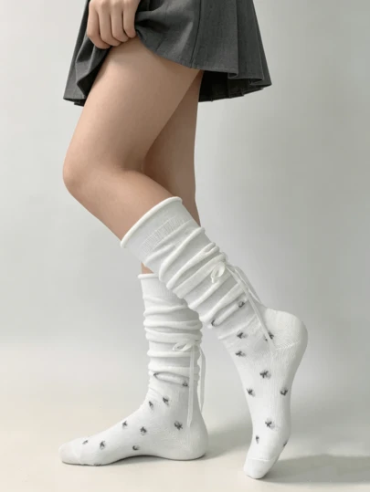 1/5 Pairs Sweet Ditsy Floral Bowknot Decor Knee High Socks, Spring/Summer New Arrival