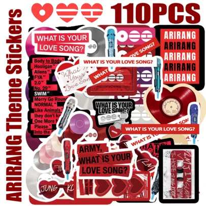 110 piezas Pegatinas con temática de ARMY OT7, ARIRANG BTSARMY Jung/Kook, RM, JHOPE, JIMIN, JIN, V, Min Yoon Gi, graffiti, planificador, botella de agua, pegatinas para portátil, adecuadas para equipaje, portátil, bicicleta, motocicleta, papelería, scooter, muebles, refrigerador, teléfono, taza de agua, casco, coche, gran regalo para amigos, familia, fans