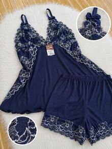 Baby Doll Suede PLUS SIZE Bicolor Pijama de Dormir Blusinha e Shortinho Confortável e Fresquinho - Azul Marinho - Visão 5