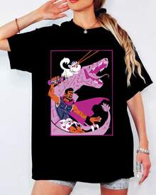 Funky Cartoon Man Riding Dinosaur With Laser Cat Print T-Shirt, Unisex Casual Humor Graphic Top - Black - View 7