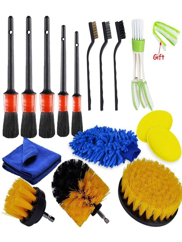 1 Set 18pcs Car Washing Tool Kit, Detail Brush, Electric Drill Brush, Wheel Brush Set