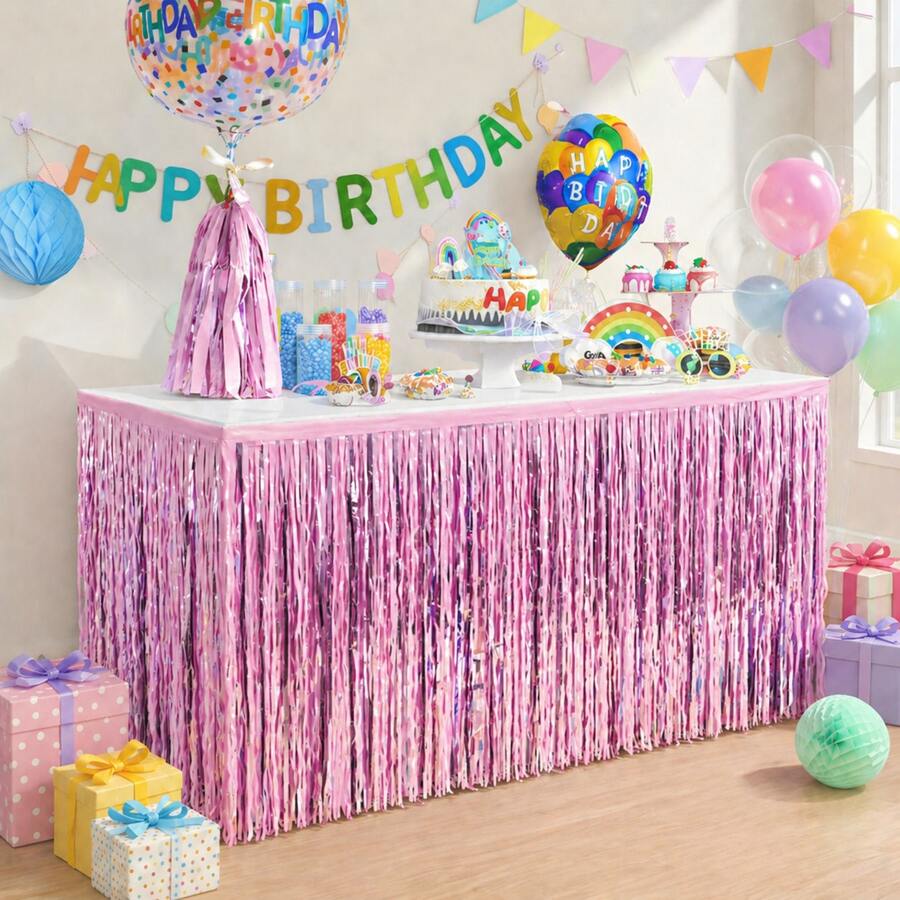 1pc Pink Party Table Skirt, Disposable Decorative Tablecloth, Suitable For Birthday Party, Wedding, Gathering, 75*275CM Table Skirt - Multicolor - View 1