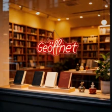 Letrero de neón, letrero LED de "Abierto" para negocios, luz de neón con letras en alemán alimentada por USB, decoración de pared para cafetería, bar, restaurante, tienda y escaparate, decoración estética para fachada - rojo - Ver 6