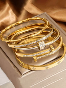 5件套奢华金色不锈钢腰带吊坠套装，时尚夏季饰品，适合女性日常佩戴和馈赠 - 金色3 - 查看 4