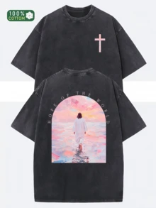 Heavyweight Wax-Printed T-Shirt - Unisex Oversized Round Neck Short Sleeve With Front & Back Christian Faith Design (Jesus Walking On Water, Cross & J - 黑色 - 查看 10