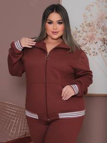 Plus Size Tracksuit Set With Lace Detail, Women's Winter Fashion. - Rust Brown - View 3