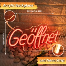 Letrero de neón, letrero LED de "Abierto" para negocios, luz de neón con letras en alemán alimentada por USB, decoración de pared para cafetería, bar, restaurante, tienda y escaparate, decoración estética para fachada - rojo - Ver 3