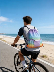 Ombre Rainbow/Green Mesh Drawstring Backpack, Summer Breathable Beach Bag, Large Capacity Lightweight Gym Swim Drawstring Bag, Dual Use As Backpack & Drawstring Bag, Suitable For Sports, Beach, Commuting, Student Travel, Unisex - Multicolor - View 4