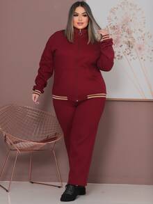 Plus Size Tracksuit Set With Lace Detail, Women's Winter Fashion. - Burgundy - View 5