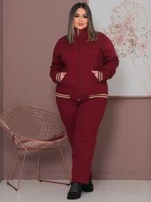 Plus Size Tracksuit Set With Lace Detail, Women's Winter Fashion. - Burgundy - View 1