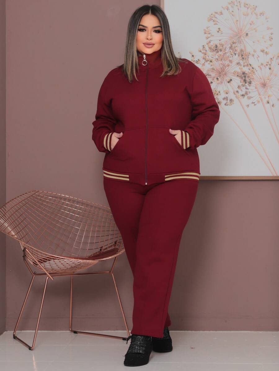 Plus Size Tracksuit Set With Lace Detail, Women's Winter Fashion. - Burgundy - View 1