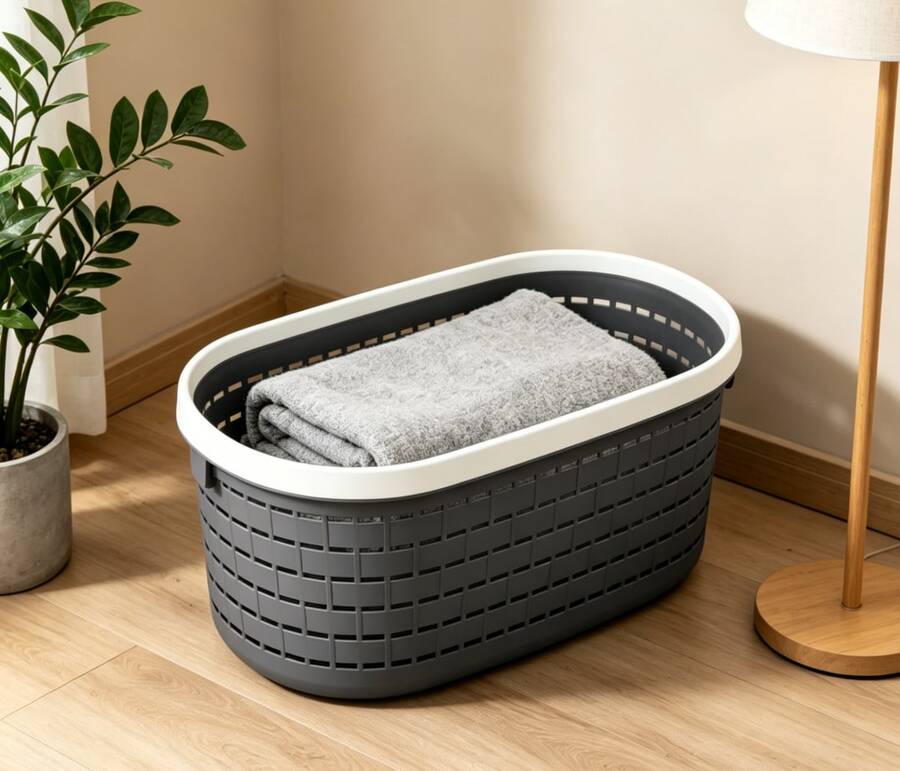 HOMYGO-Cestas organizadoras de plástico estilo mimbre en blanco/gris/gris oscuro, disponibles en 3 tamaños: 24.5*17*12.5cm para escritorio y baño, 30*21*13.5cm con asa para uso doméstico, y 37*26*15cm para ropa de dormitorio y almacenamiento en el baño. - Gris Oscuro - Ver 1