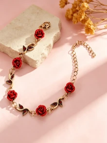 1pc Vintage Red Rose Charm Bracelet, Elegant & Fashionable Accessory For Women, Suitable For Daily Wear And Parties - Yellow Gold - View 3