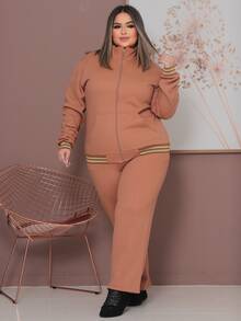 Plus Size Tracksuit Set With Lace Detail, Women's Winter Fashion. - Lạc đà - Xem 4