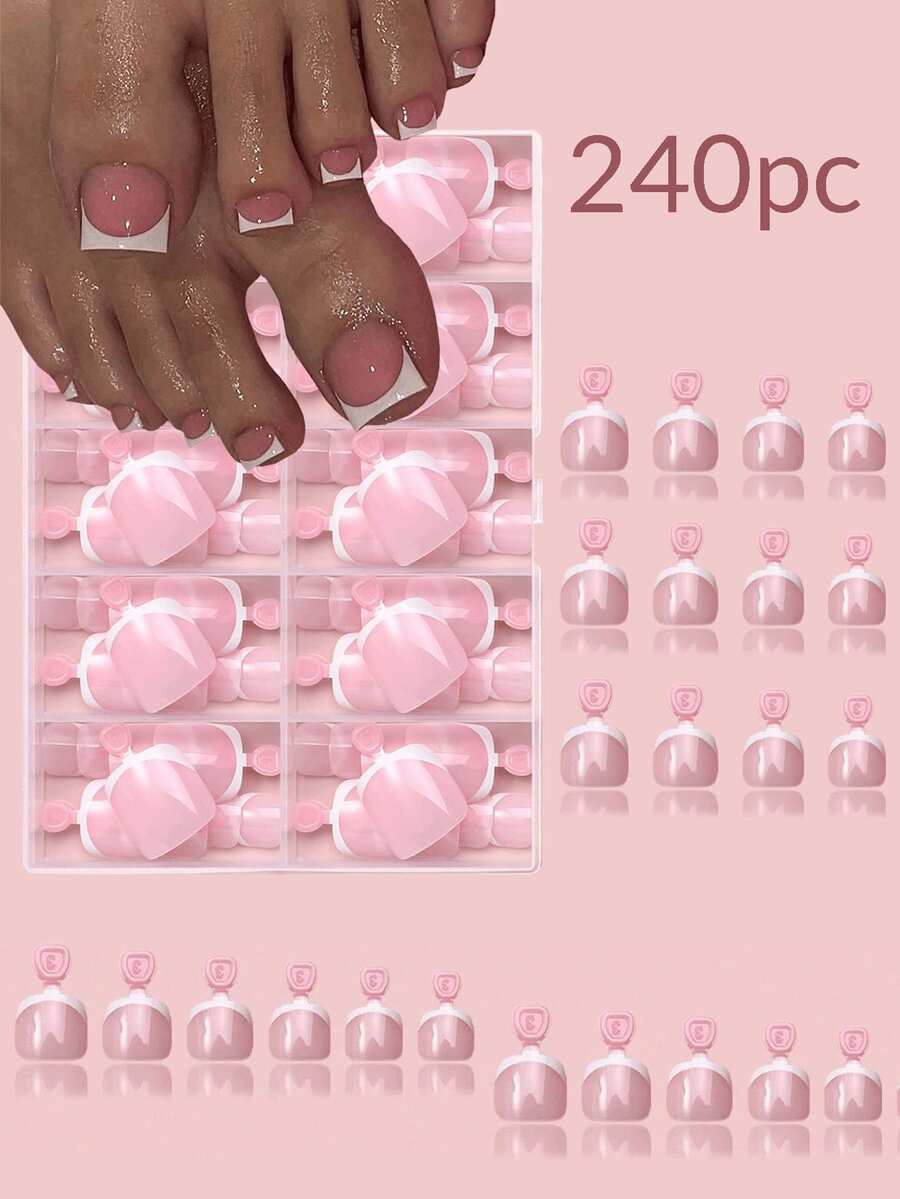 240pcs Square Brown/Pink Short Matte Gradient False Nails, 12 Sizes Included, Short French Style Nail Stickers For Women And Girls Toe Decoration, Adding Romantic Vibe - Mocha Brown - View 1