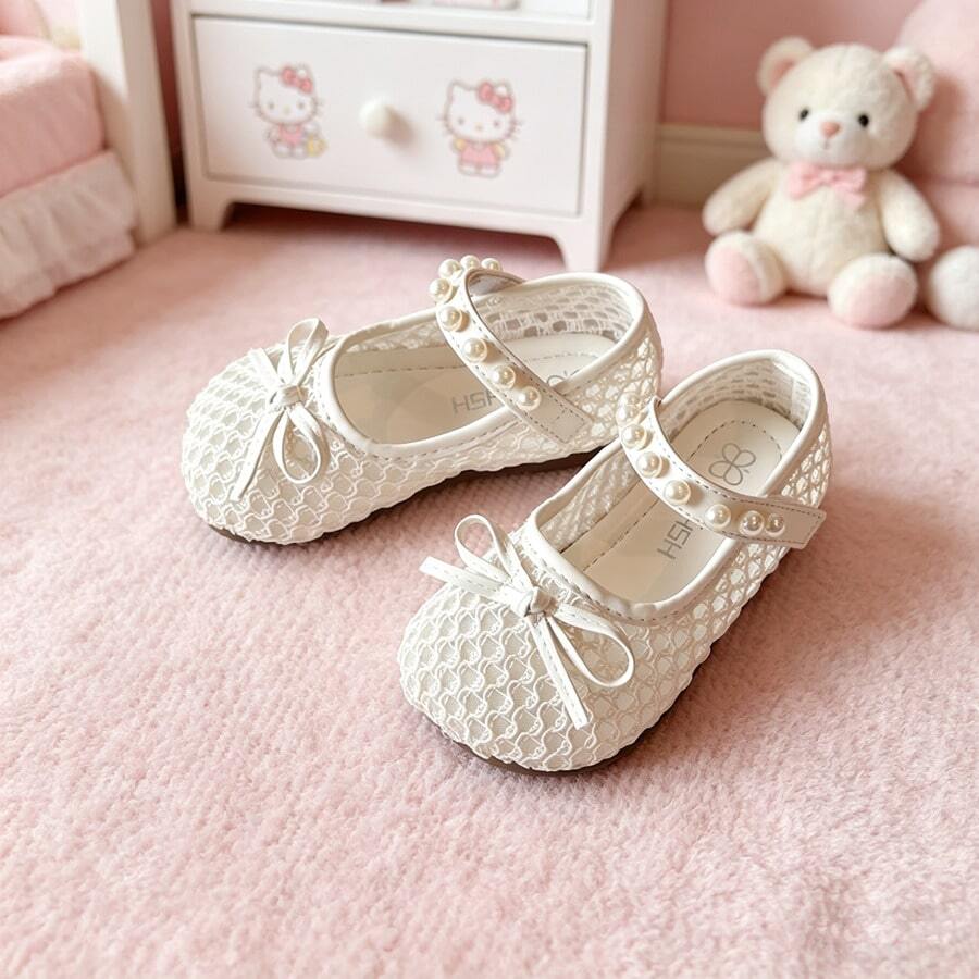 1 Đôi giày lưới thoáng khí cho bé gái, giày mềm đế chống trượt mùa xuân/hè mới, kiểu công chúa nơ ngọc trai, quà tặng ngày lễ cho bé. - Màu be - Xem 1