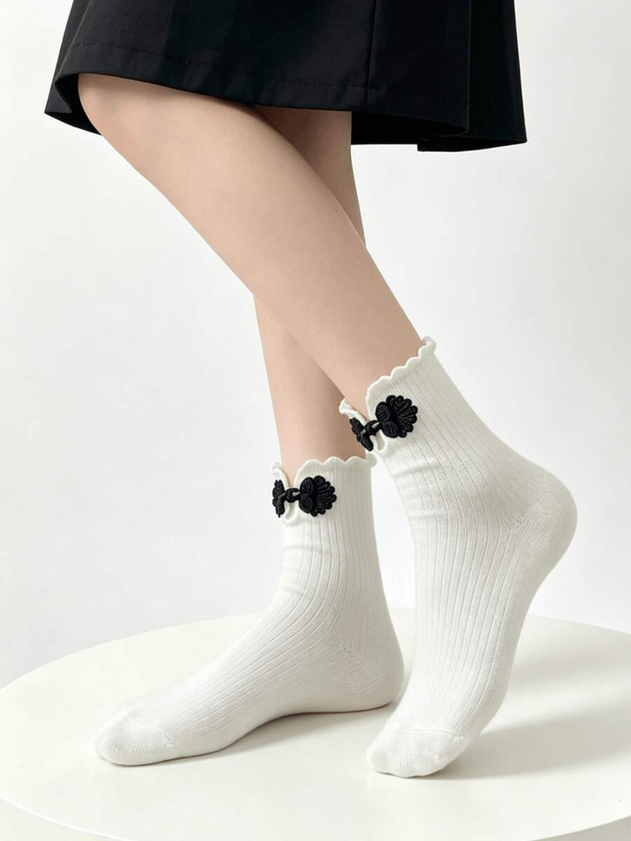 1/2 Pairs Chinese Style Cheongsam Button Ruffled Lolita Mid-Calf Socks, Spring/Summer - Multicolor - View 1