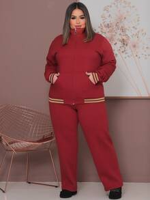 Plus Size Tracksuit Set With Lace Detail, Women's Winter Fashion. - 亮橙色 - 查看 1