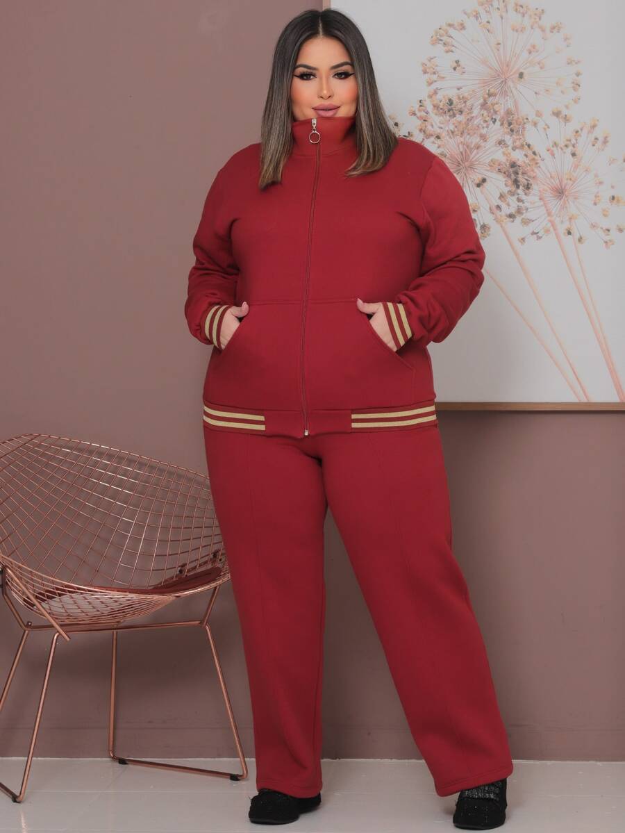 Plus Size Tracksuit Set With Lace Detail, Women's Winter Fashion. - 亮橙色 - 查看 1