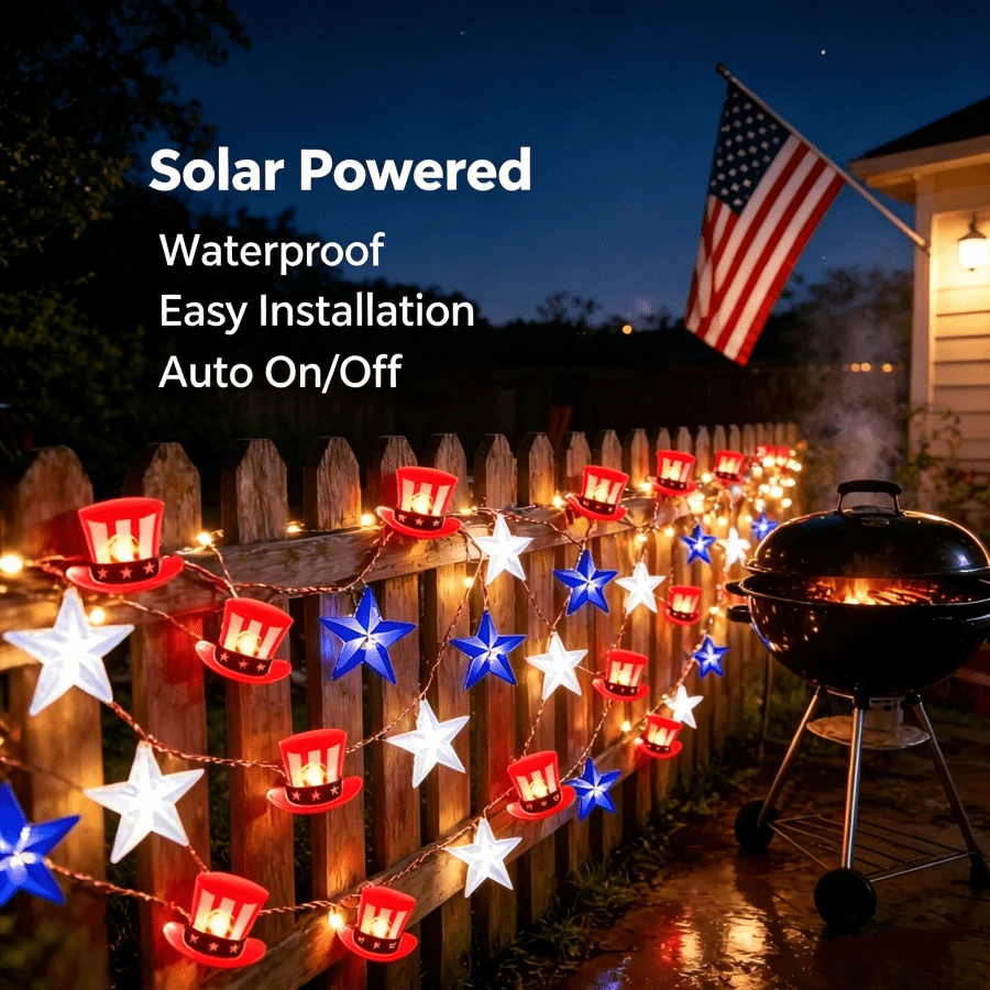 80LED 39FT Copper Wire Star Hat String Lights, Red White Blue Patriotic LED Fairy Lights, 4th Of July Decor, Ideal For Presidents Day, Independence Day, Memorial Day, Garden Yard Party Decoration - 星星帽銅線燈 - 查看 1
