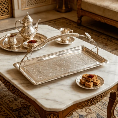 1 pieza Bandeja rectangular vintage de metal plateado de 47*17cm, con asa decorada con flores 3D y hojas, textura geométrica, bandeja duradera antideslizante y no descolorida con asa desmontable, adecuada para servir postres en bodas y fiestas, decoración navideña, decoración del hogar, bandeja plateada romántica