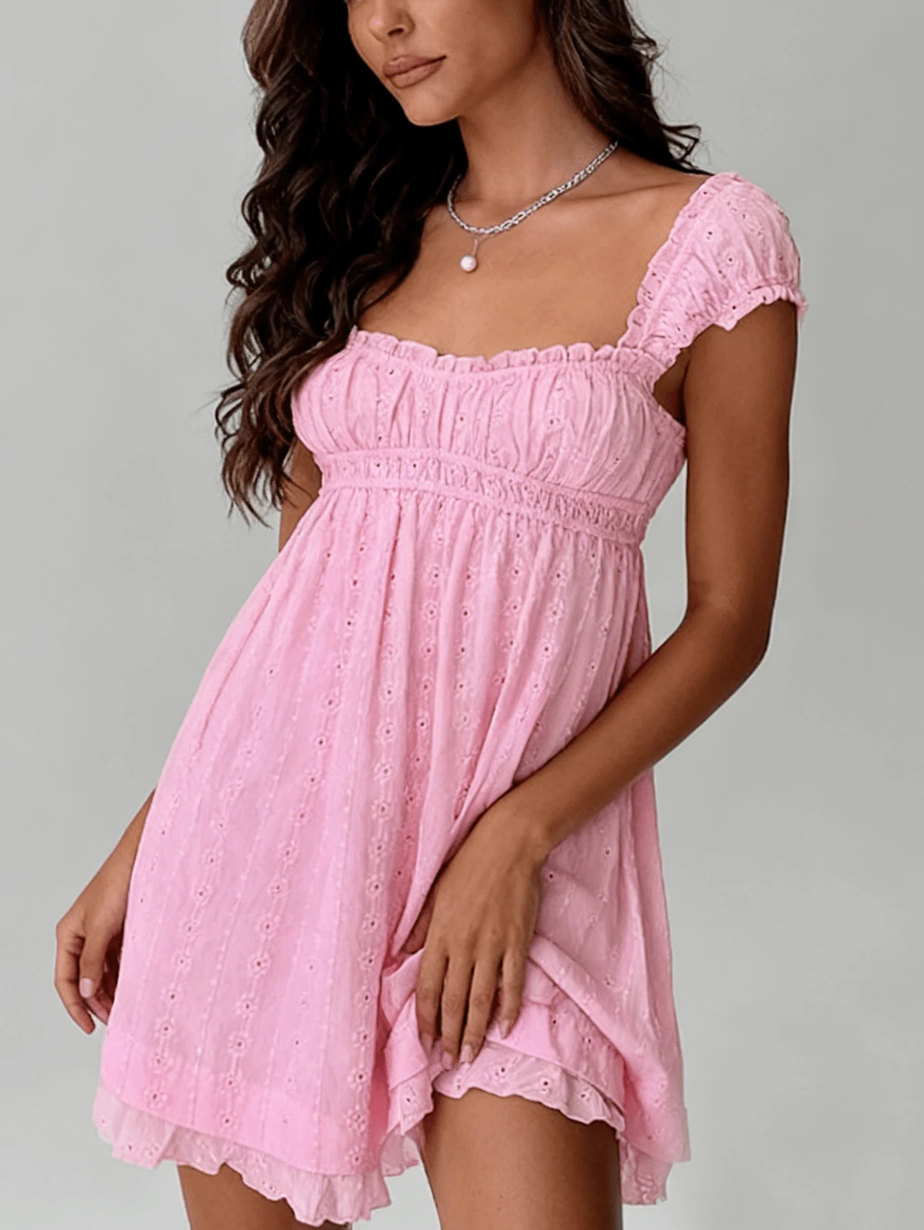 Cute Casual Lace Backless Ruffle Y2k Summer Babydoll Dress Beach Travel Daily Dating Vacation Summer Sundress - 粉色 - 查看 1