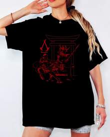 Assassin's Creed Japanese Samurai T-Shirt, Red Line Art & Torii Gate Print, Unisex Casual Gaming Fan Top - Black - View 11