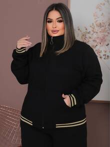 Plus Size Tracksuit Set With Lace Detail, Women's Winter Fashion. - 黑色 - 查看 3