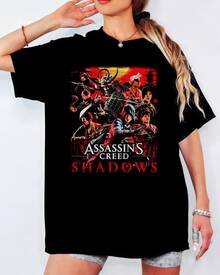 Assassin's Creed Shadows huvudkaraktärer tryckt t-shirt, japanskt samurai-tema unisex casual videospelströja för fans - Svart - Visa 7