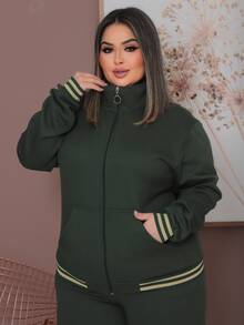 Plus Size Tracksuit Set With Lace Detail, Women's Winter Fashion. - 軍綠色 - 查看 3