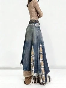 ARWY Y Women's A-Line Denim Maxi Skirt, Classic Washed Pleated Design With Raw Edge Button Decor, Casual Elegant Style - Medium Wash - View 4