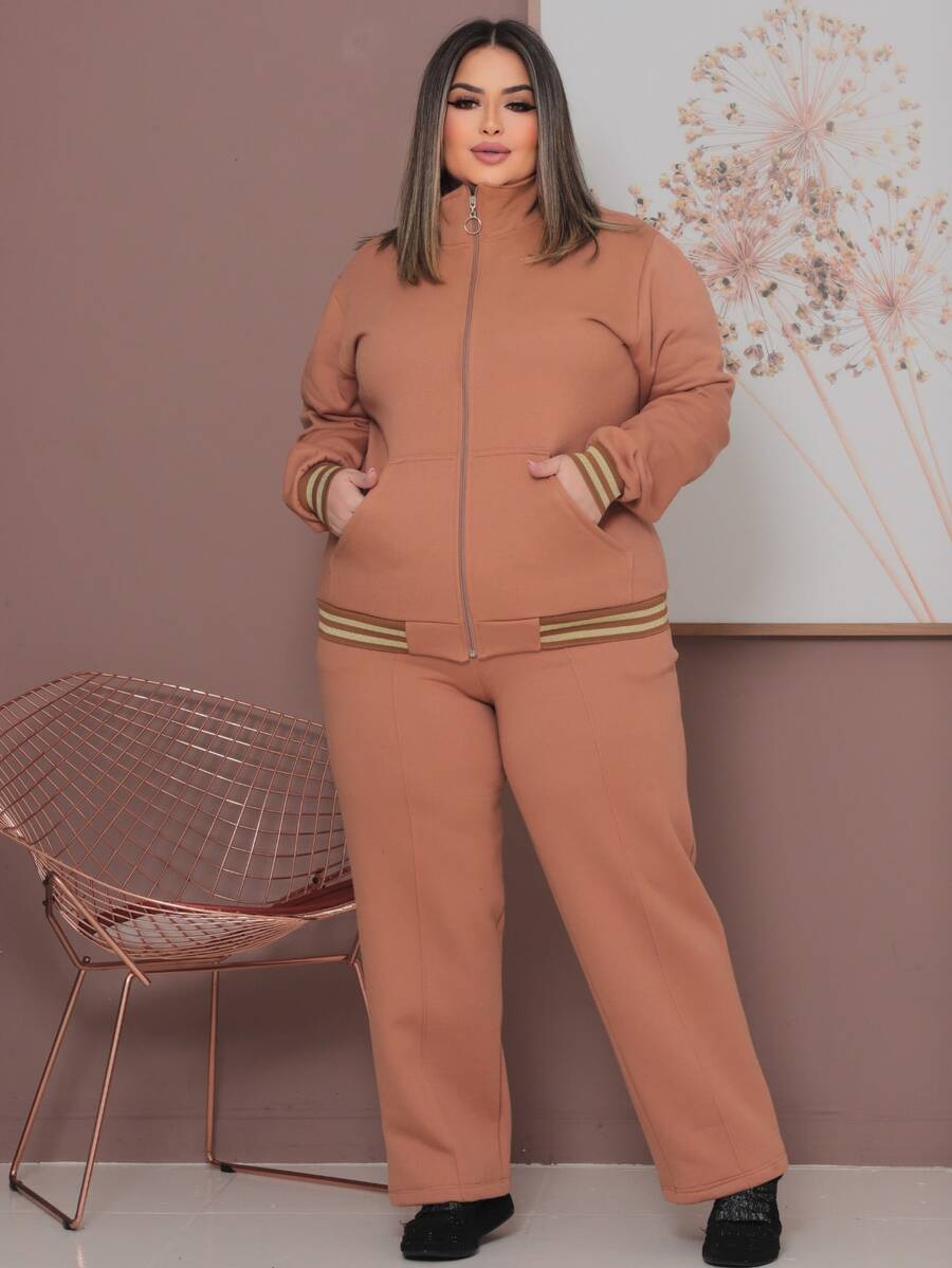 Plus Size Tracksuit Set With Lace Detail, Women's Winter Fashion. - Lạc đà - Xem 1