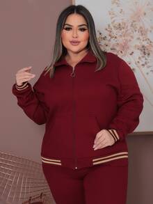 Plus Size Tracksuit Set With Lace Detail, Women's Winter Fashion. - Burgundy - View 3