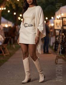 Women's Short Skirt, Faux Leather, High Waist, Cutouts, Night Party, Saint John's Day - 米白色 - 查看 4